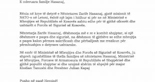 Ministri Berisha i dërgoi telegram ngushëllimi ministres, Olta Xhaçka dhe familjes së ushtarakes, Zarife Hasanaj