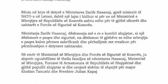 Ministri Berisha i dërgoi telegram ngushëllimi ministres, Olta Xhaçka dhe familjes së ushtarakes, Zarife Hasanaj