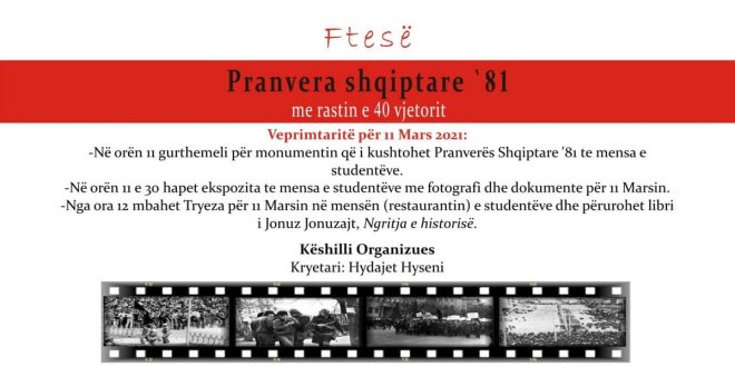 Organizata “Pranvera Shqiptare ‘81” organizon Tryezë dhe disa aktivitete të tjera në shënimin të 40 vjetorit të shpërthimit të demonstratave studentore