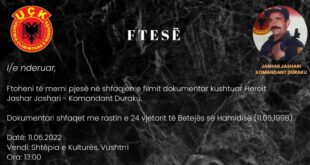 Të shtunën në Shtëpinë e Kulturës së Vushtrrisë, shfaqet premiera e filmit dokumentar kushtuar Heroit të Kombit, Jashar Jashari