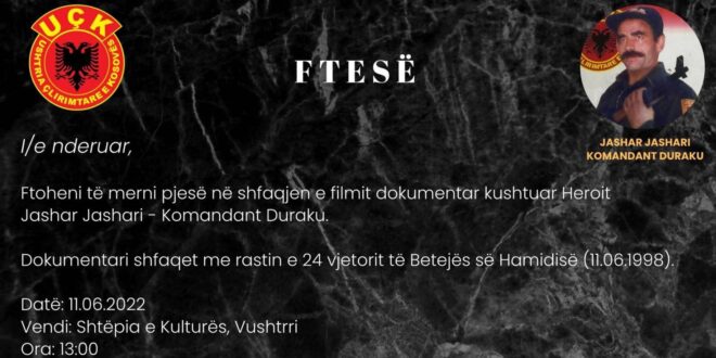 Të shtunën në Shtëpinë e Kulturës së Vushtrrisë, shfaqet premiera e filmit dokumentar kushtuar Heroit të Kombit, Jashar Jashari