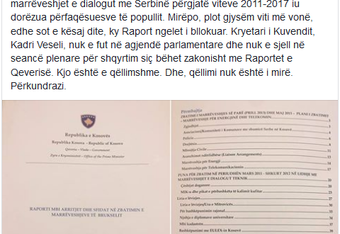 Lëvizja Vetëvendosje ka akuzuar kryekuvendarin, Kadri Veseli lidhur me bllokimin e raportit të Qeverisë për dialogun me Serbinë