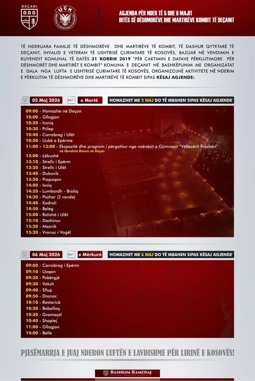 Më 5 dhe 6 Maj mbahen aktivitete përkujtimore   Ditët e Dëshmorëve dhe Martirëve të Komunës së Deçanit