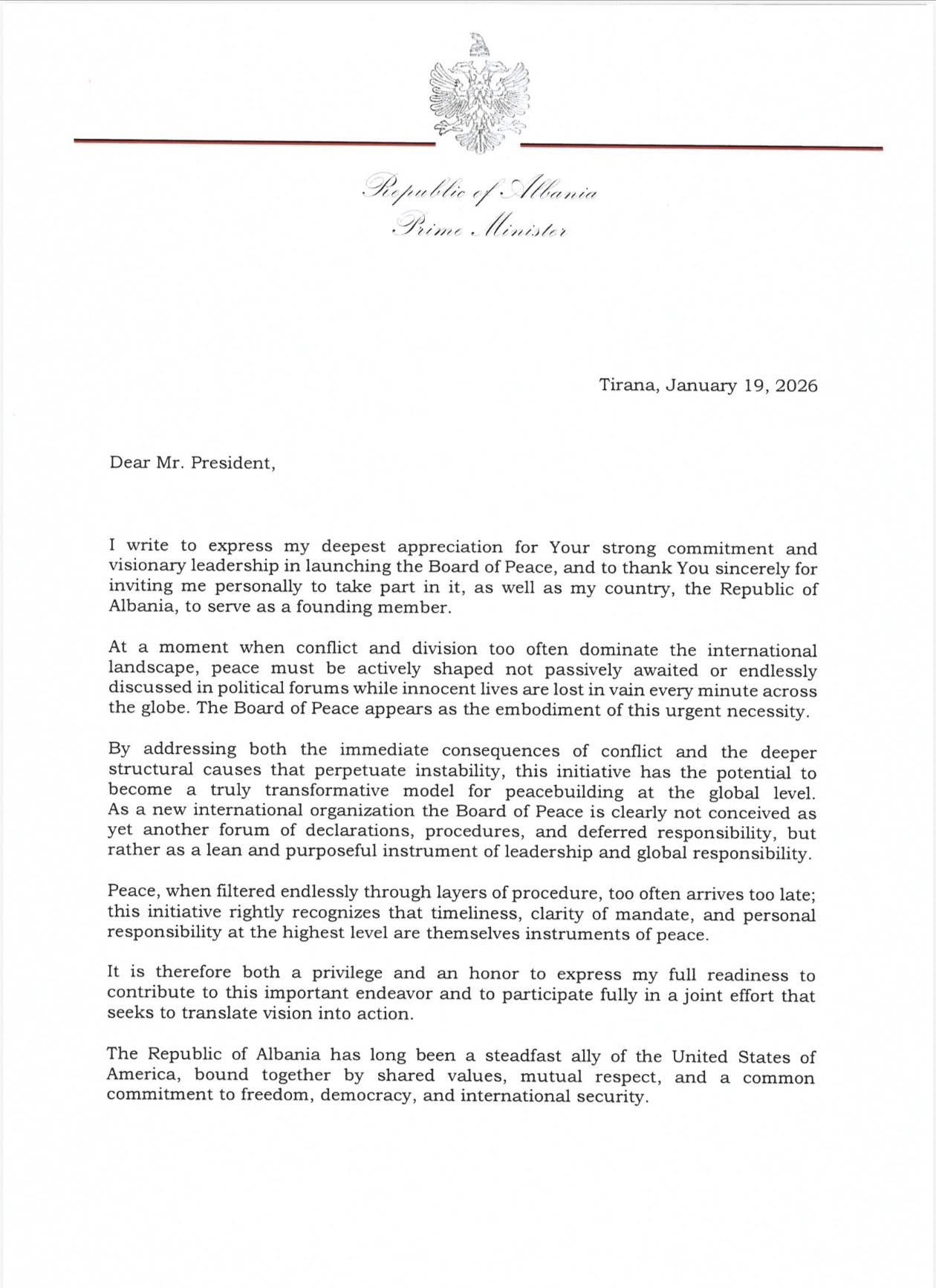 Edi Rama  Sot i përcolla Presidentit Donald J  Trump përgjigjen e ftesës së tij për të marrë pjesë në Bordin e Paqes