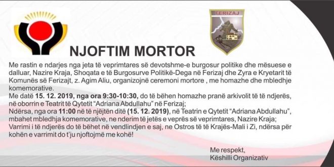 Shoqata e të Burgosurve Politikë në Ferizaj organizon mbanë mbledhja komemorative pas ndarjes nga jeta të mësueses Nazire Kraja