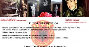 Më 21 janar 2020 përkujtohen dëshmorët e kombit Skender Rexhepi dhe Fitim Duraku në 21-vjetorin e rëniës heroike