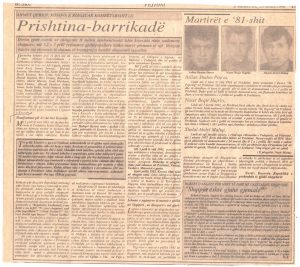 Fejtoni i botuar në gazetën e përditshme, “Bujku”, në 15-vjetorin e revoltave dhe demonstratave të vitit 1981 II