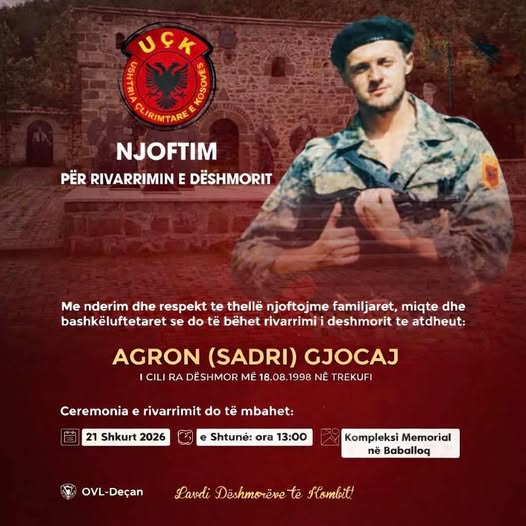 Të shtunë në Baballoq do të mbahet ceremonia e rivarrimit të Dëshmorit të Kombit  Agron  Sadri  Gjocaj