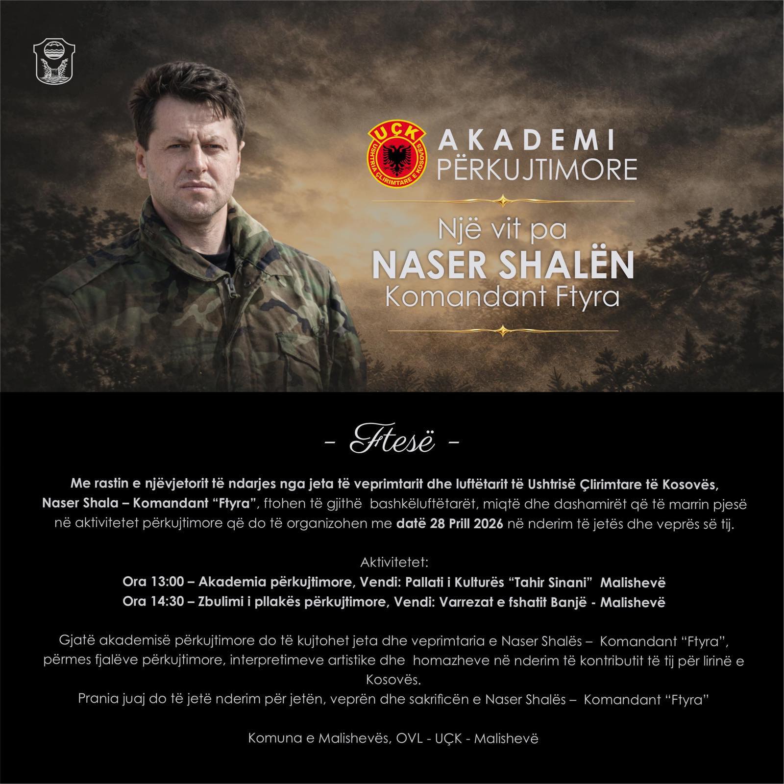 Të martën në Malishevë mbahet Akademi Përkujtimore për Naser Shalën  në 1 vjetorin e ndarjes nga jeta