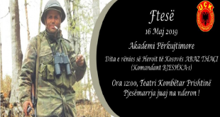 Me 16 maj 2019 në Prishtinë mbahet Akademi përkujtimore në 20 vjetorin e rënies heroike të heroit të kombit, Abaz Thaçi