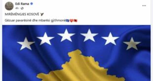 Edi Rama uron 17-vjetorin e Pavarësisë së Kosovës: "Gëzuar pavarësinë dhe mbarësi gjithmonë"
