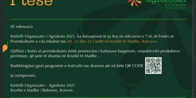 Me 20, 21 dhe 22 gusht në Krushë të Madhe të Rahovecit mbahet edicioni i 7-të Perimkulturës, Agrofesta 2021