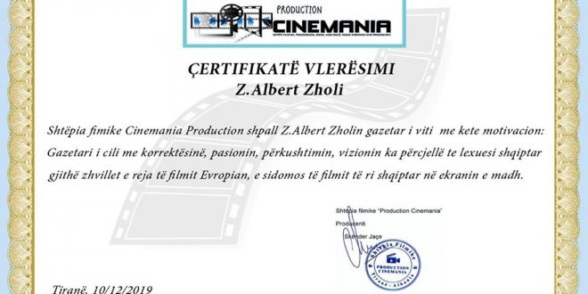 Shtëpia fimike "Cinemania Production" shpall z. Albert Zholi gazetar të vitit