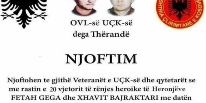 Me 2 maj 2019 në Therandë nderohen dëshmorët e kombit Fetah Gega dhe Xhavit Bajraktari në 20 vjetorin e rënies heroike