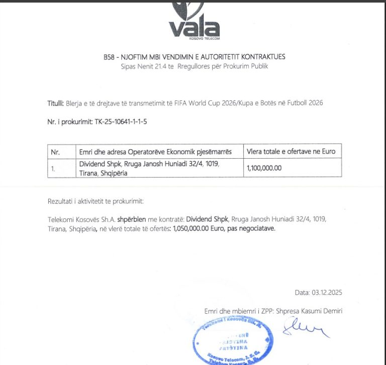 Telekomi i Kosovës ndan miliona euro për tenderë një burimorë  dyshime për transparencë