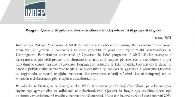 INDEP reagimin kundër vendimit të Qeverisë për refuzimin e projektit të gazit dhe Marrëveshjes së Uashingtonit