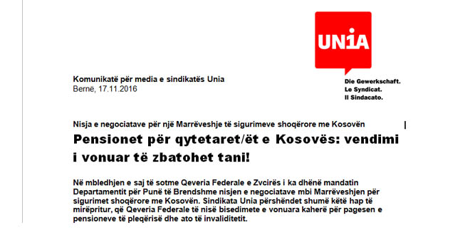 Osman Osmani: Komunikatë për media e sindikatës Unia lidhur me pensionet për qytetarët e Kosovës