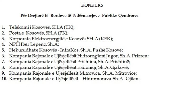 Konkursi i Bordeve të Ndërmarrjeve Publike Qendrore