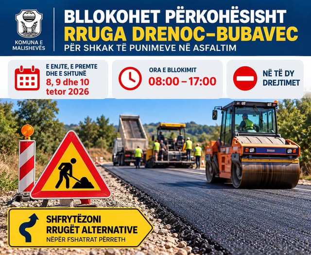 NJOFTIM   Bllokohet përkohësisht rruga Drenoc   Bubavec