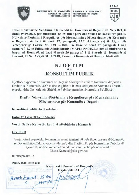 Komuna e Deçanit me 27 tetor mbanë konsultim publik