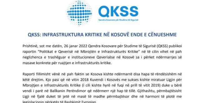 QKSS ka publikuar sot raportin:  Kujdesi Ndaj Infrastrukturës Kritike në Kosovë