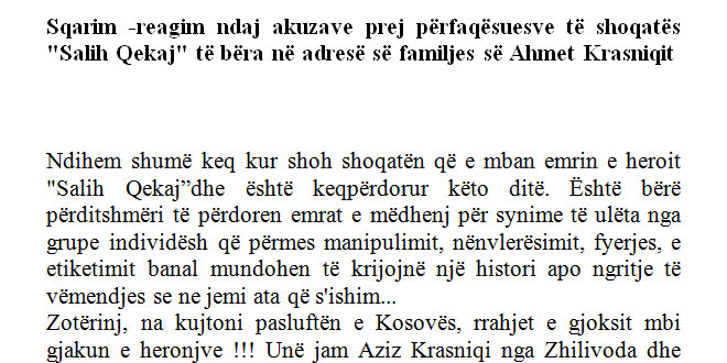 Familjarë të Ahmet Krasniqit kanë reaguar kundër akuzave të përfaqësuesve të shoqatës "Salih Qekaj"