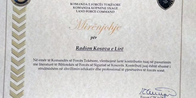 Komanda e Forcës Tokësore ka ndarë mirënjohje për bashkëpunimin dhe furnizimin me libra të Bibliotekës së Forcës së Kosovës
