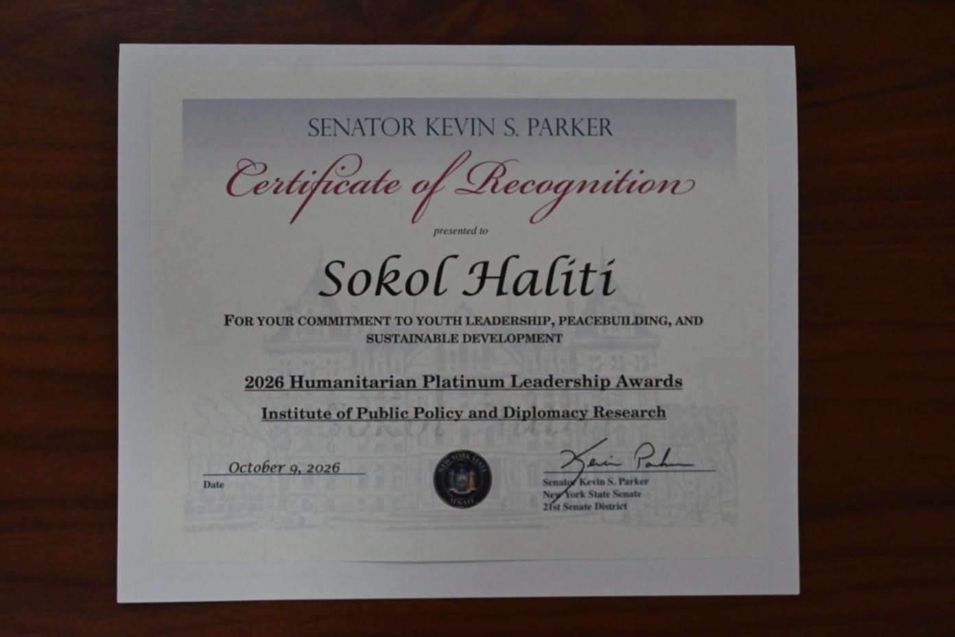 Kryetari Haliti nderohet nga senatori i shtetit të Nju Jorkut  Kevin S  Parker