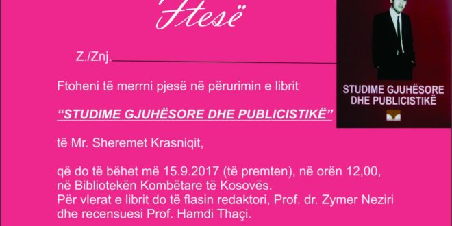 Sot përurohet libri, “Studime gjuhësore dhe publicistike”. i autorit, Sheremet Krasniqi