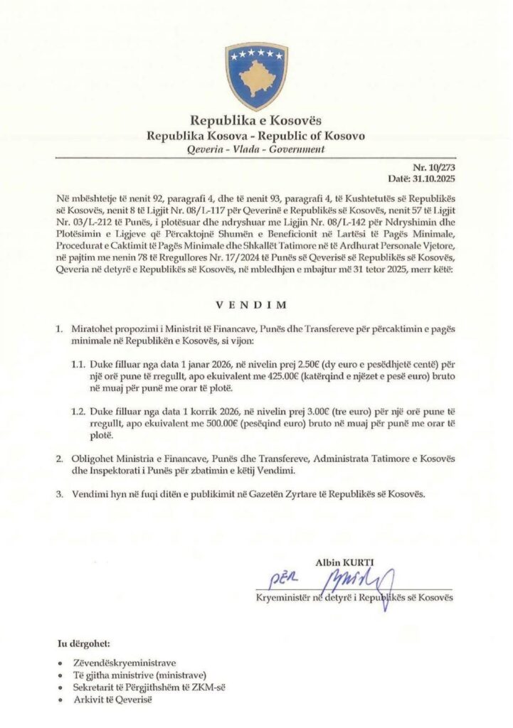 Hyn në fuqi vendimi për rritjen e pagës minimale në Kosovë