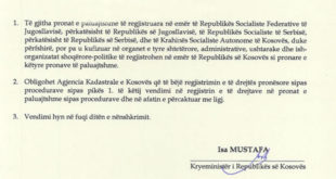 Patundshmëritë në emër të ish-Jugosllavisë e të Serbisë janë prona të Kosovës