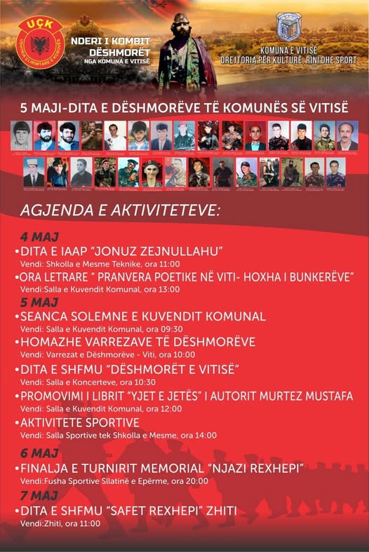 Komuna e Vitisë  ka publikuar agjendën zyrtare të aktiviteteve që do të mbahen të martën me 5 maj